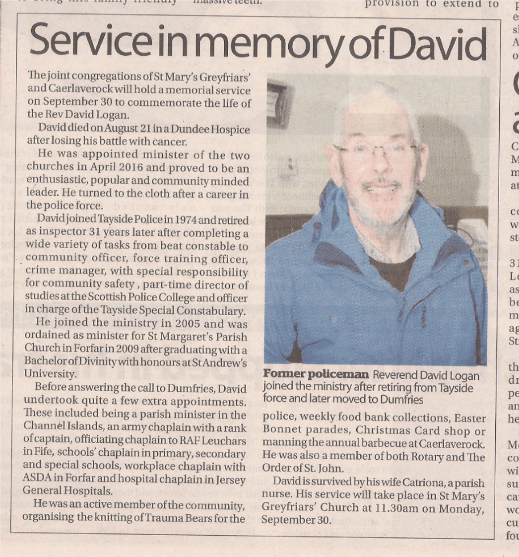 David Logan Obituary in the Standard 29th Sept 2019