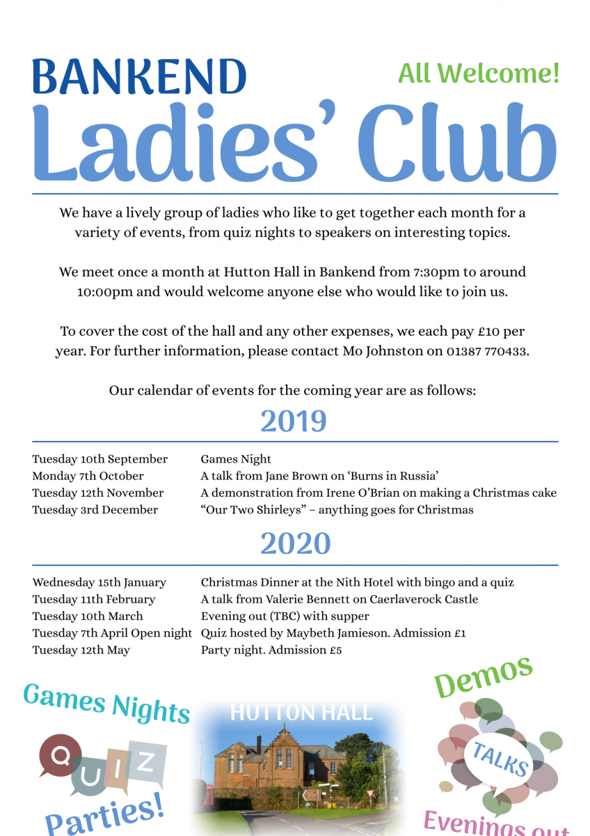 Bankend Ladies' Club schedule 2019 - 2020