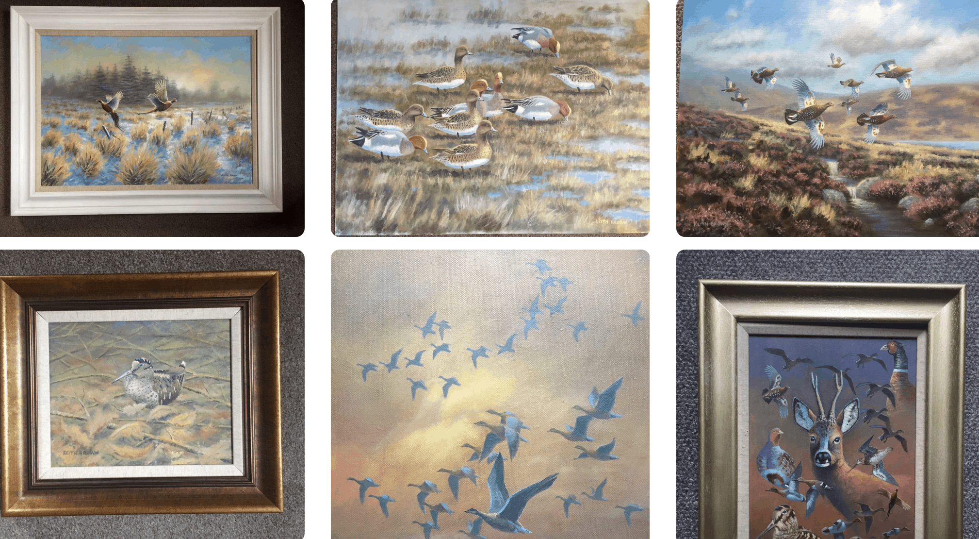 A seclection of paintings bu Keith Brown artist, showing wildfowl against estuary sunsets