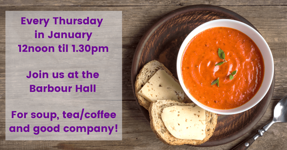 Poster with info and photo of a bowl of tomato soup and bread for Barbour Hall Soup Thursdays
