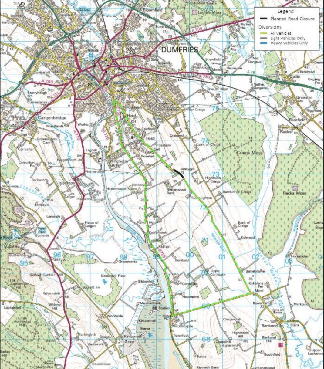 map showing the Road Closure Notification - C12n Bankend Road