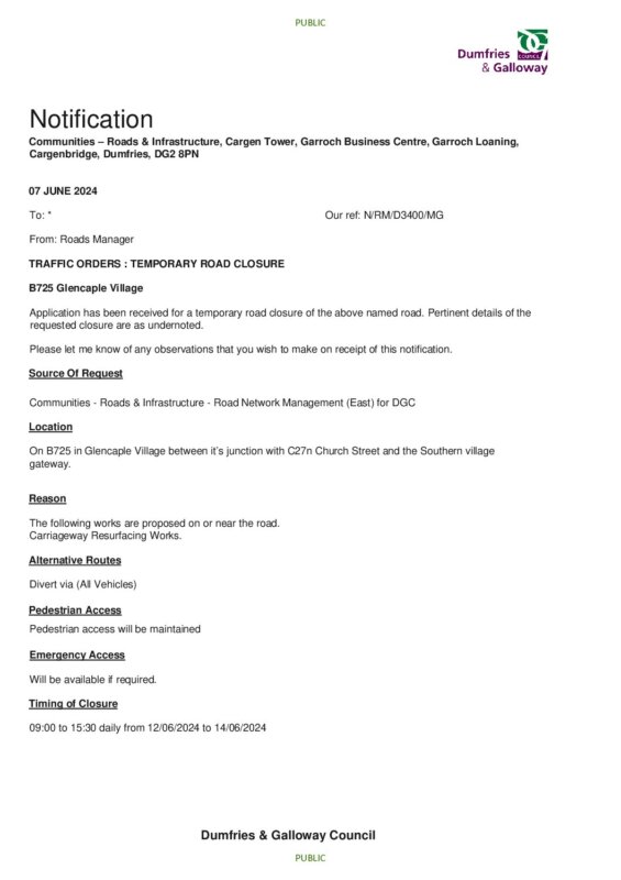 Road Closure Notification – B725 Glencaple Village